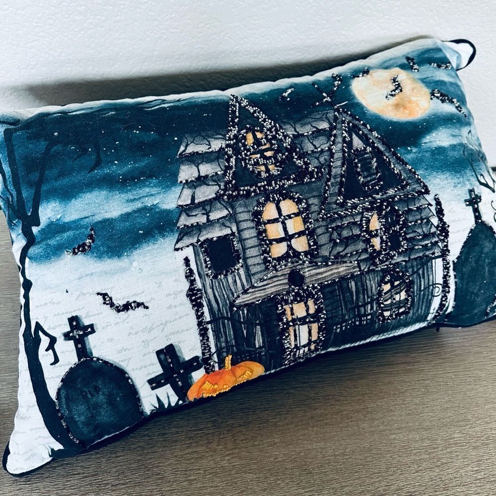 Halloween Haunted House Embroidered Beaded Throw Pillow